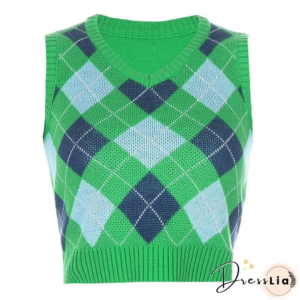 V Neck Vintage Argyle Sweater Vest Women Black Sleeveless Plaid Knitted Crop Sweaters Casual Autumn Preppy Style tops