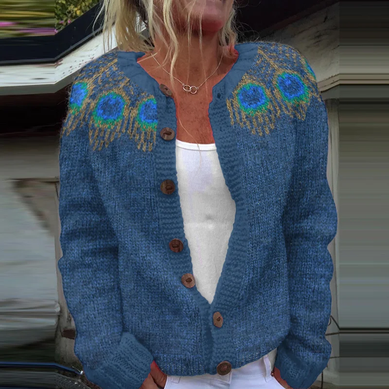 Vintage Icelandic Peacock Feather Knitted Warm Women's Sweater