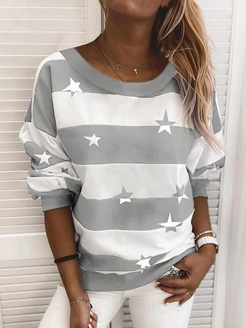 Stripe Star Print Round Neck Sweater-elleschic