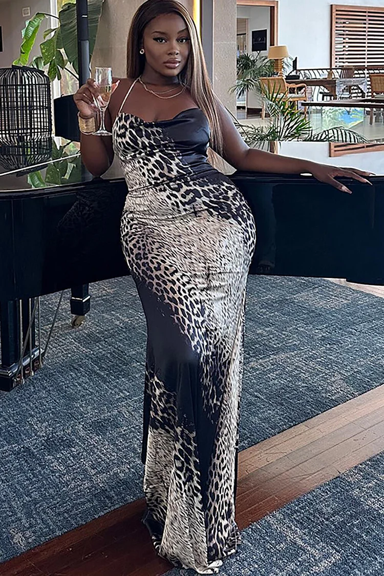 Animal Print Halter Neck Bodycon Cocktail Party Maxi Dresses-Black
