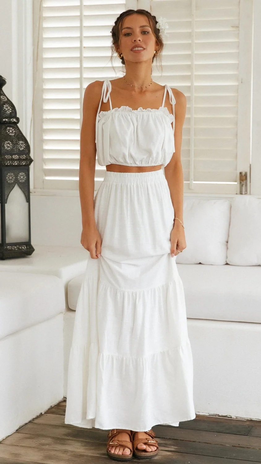 White Shoulder Tie Top and Skirt Sets