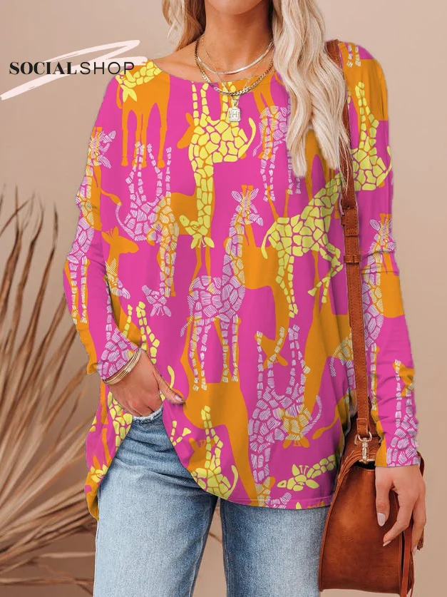 Women's Pink Giraffe Panel Print Long Sleeve Hoodie socialshop