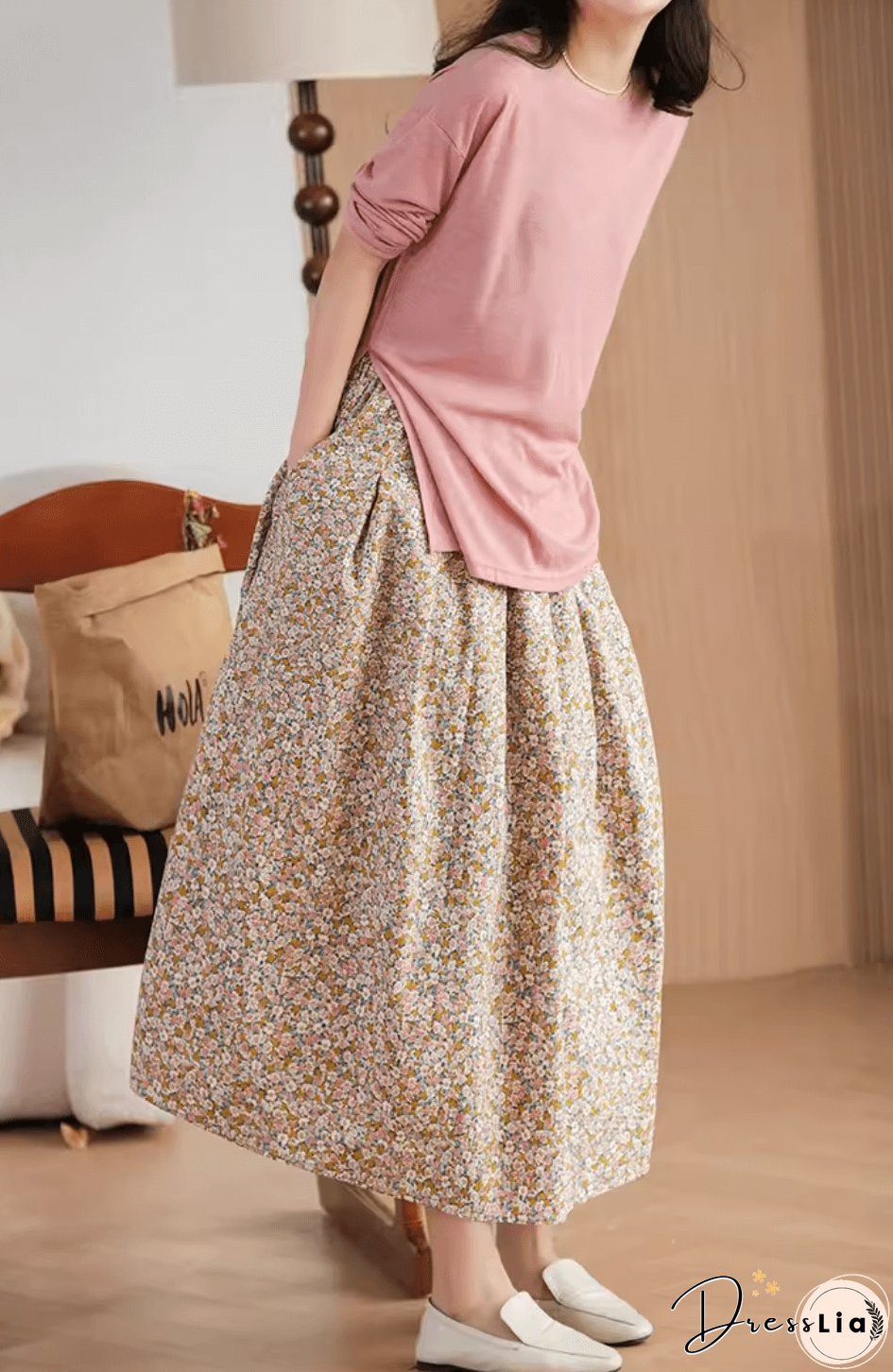 Gold Flower Printed Summer Linen Skirt