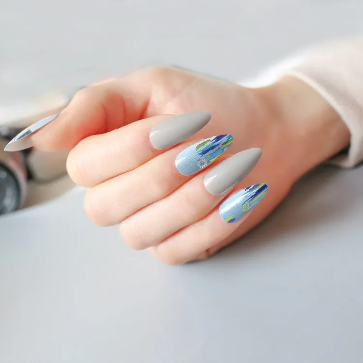 Fake Nails with Glue Metal Color False Nail Art Tips Press on Coffin Stick Designs Clear Set Full Cover Artificial Short Kiss-Nail Inspo