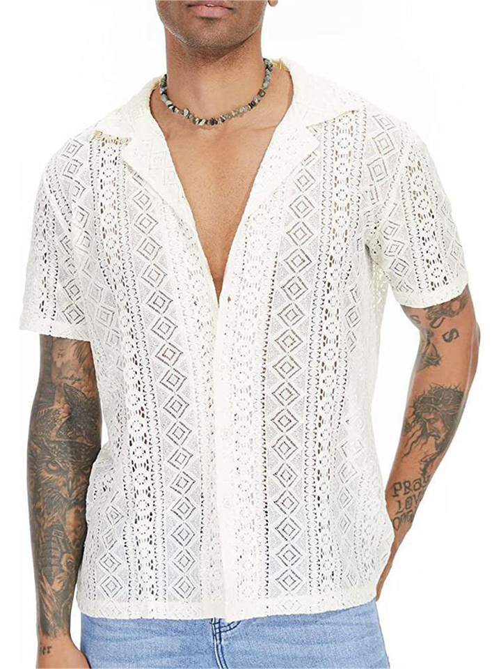 Fashion New Men's Lace Short-sleeved Shirt Floral Transparent Holiday Hollow See-through Shirt
