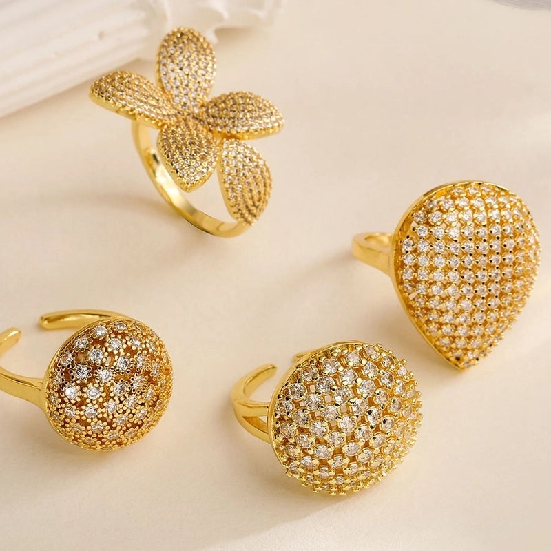Copper Inlay Floral Zircon Open Rings