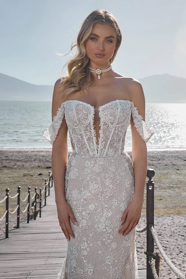 Daisda White Sleeveless Off-Shoulders Strapless V-Neck Lace Prom Dress