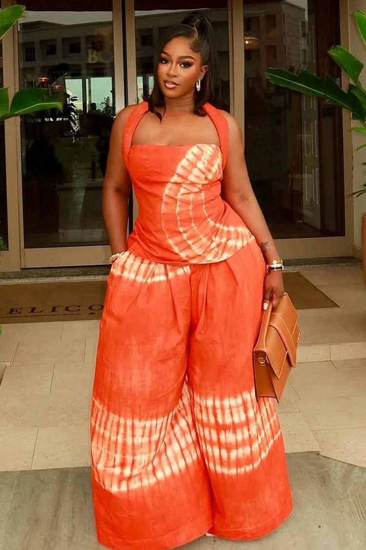 Tie Dye Print Halter Top Wide Leg Pants Vacation 2pcs Set-Orange