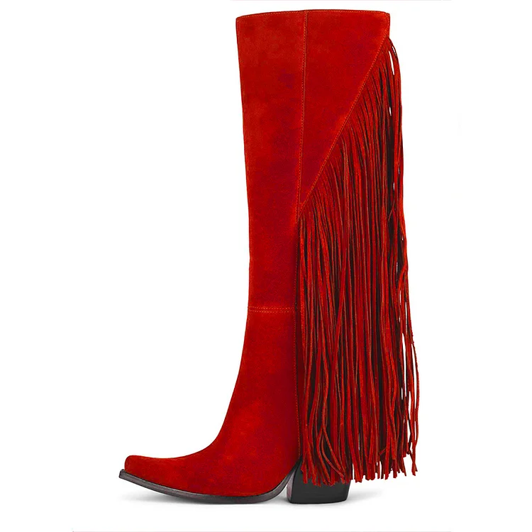 Red Pointed Suede Knee Boots Tassel Zipper Shoes Block Heels Vdcoo