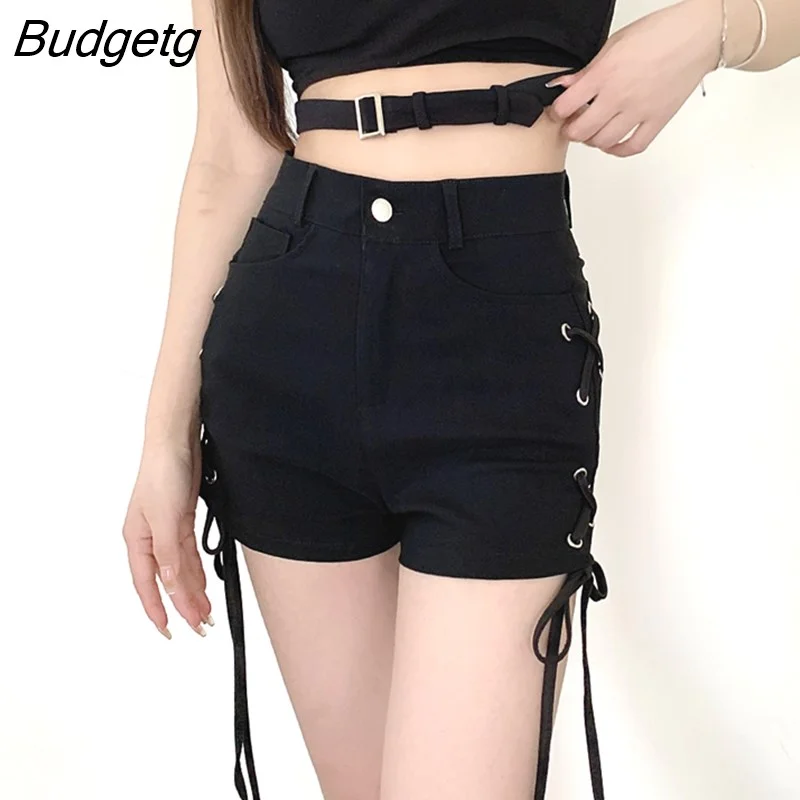 Budgetg Goth Shorts Women Sexy Bandage Lace Up High Waist Y2k Streetwear Shorts Casual Tight Hot Pants