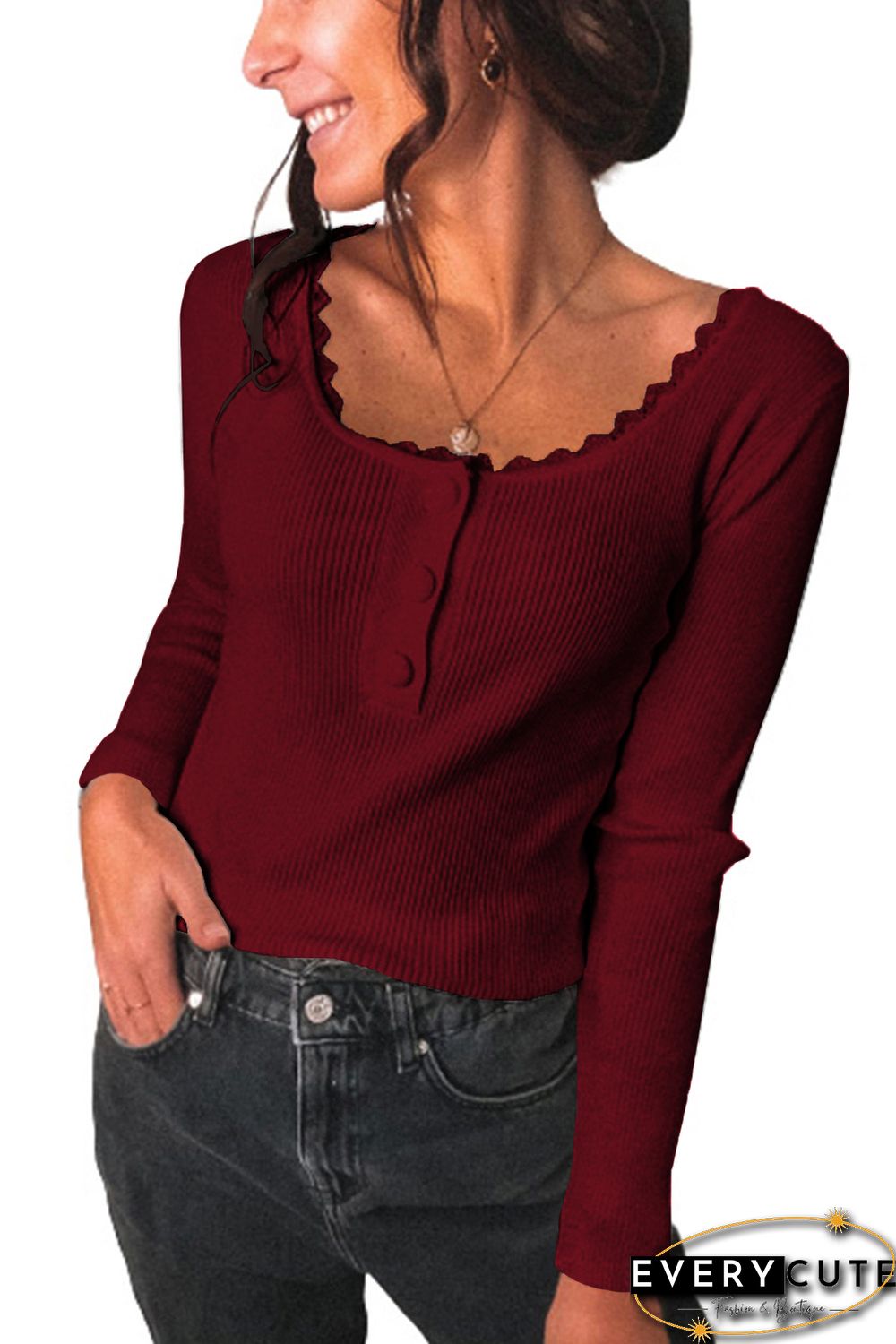 Wine Red Lace Knitted Buttoned Long Sleeve Sweater