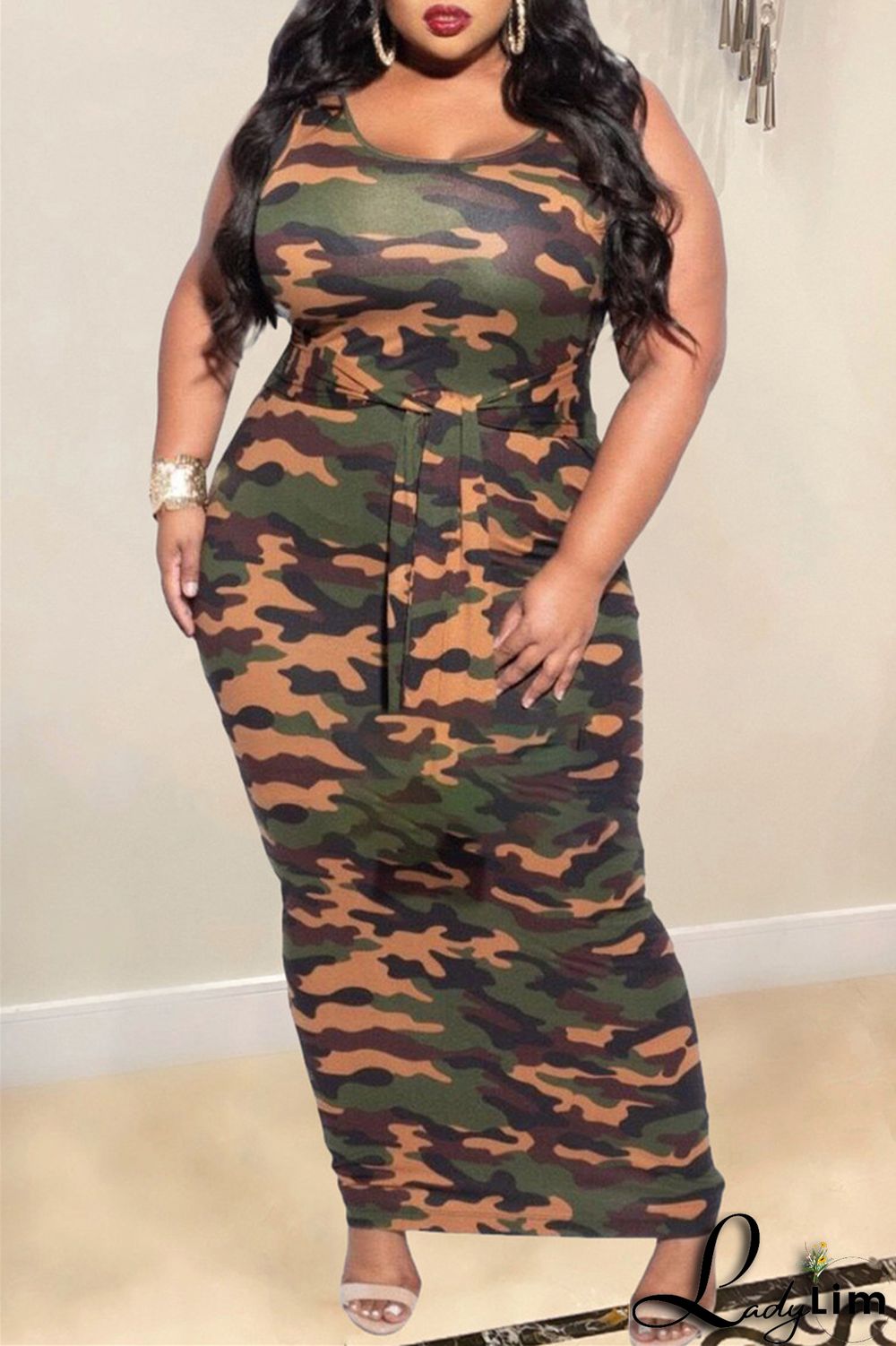 Multicolor Fashion Casual Plus Size Print Patchwork U Neck Vest Dress