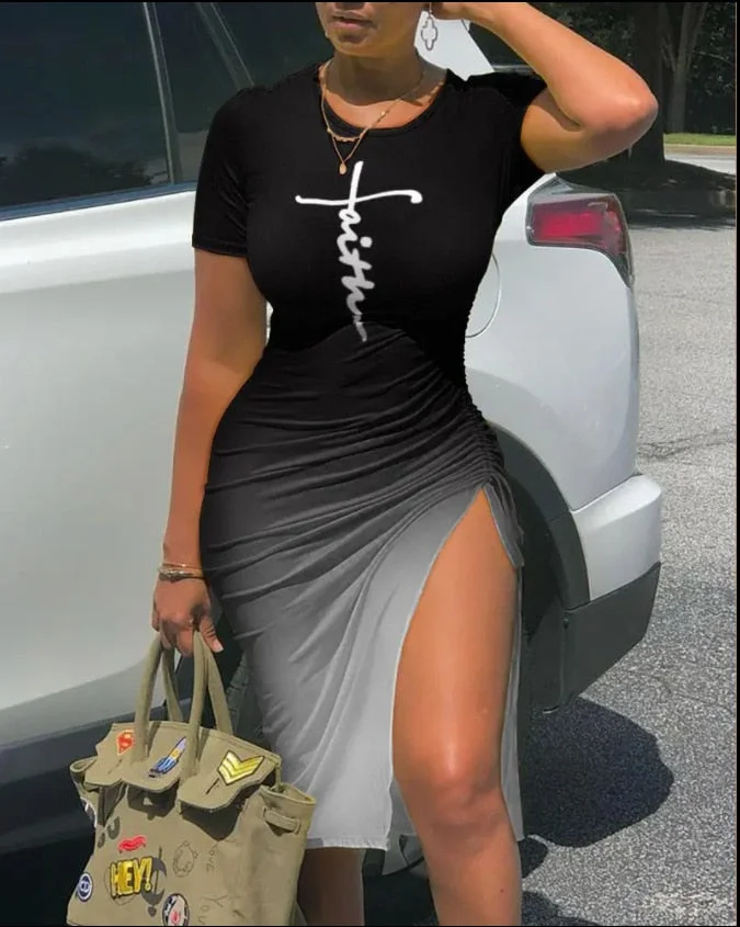 Summer Drawstring Dress Women Fashion Print V-neck Short-sleeved Drawstring Tight Tshirt Dress Women