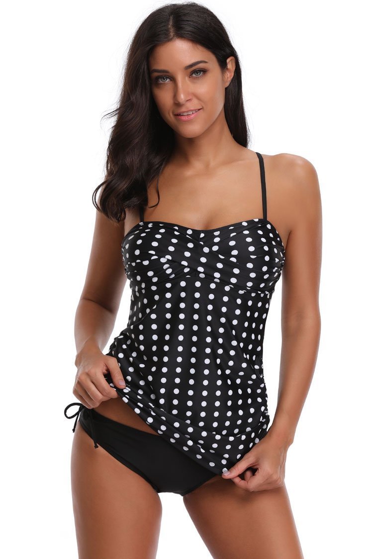 Vintage Polka Dots Twisted Front Tankini - Two Piece Swimsuit-elleschic