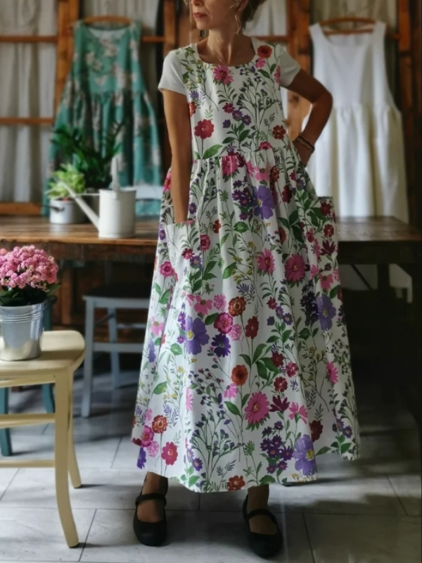 Round Neck Floral Side Slit Strap For Outer Wear Midi Dress