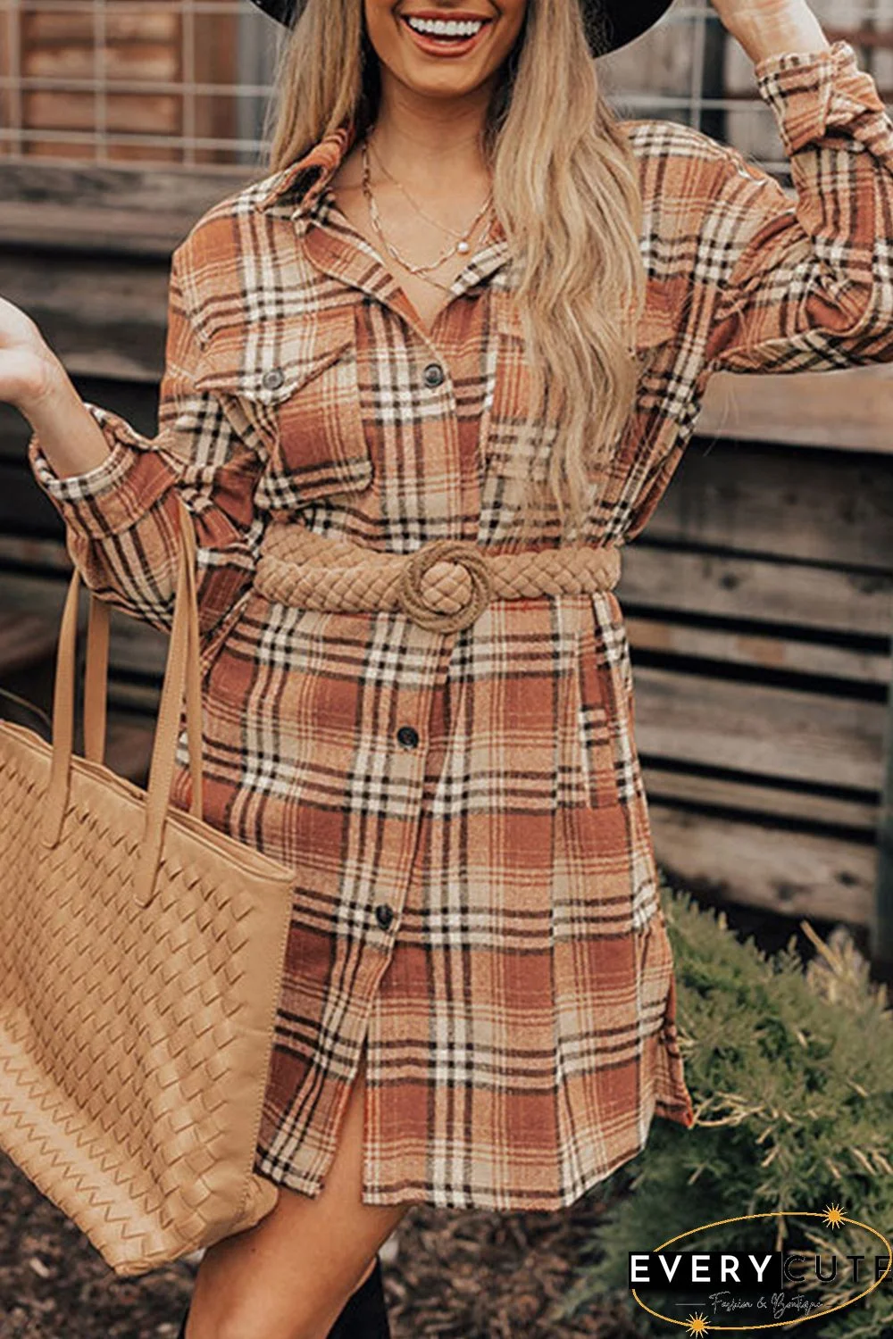 Orange Plaid Button up Side Slit Shirt Dress
