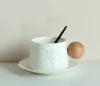 White Porcelain Exquisite Cat and Dog Round Wooden Handle Coffee Cup Set