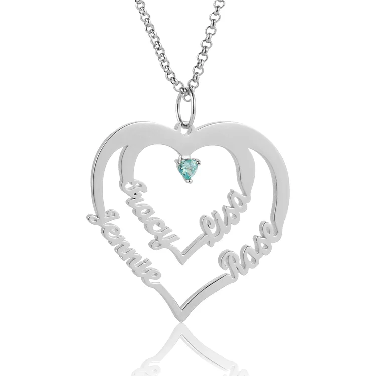 Heart Personalized Name Necklace Engraving 4 names with 1 Birthstone