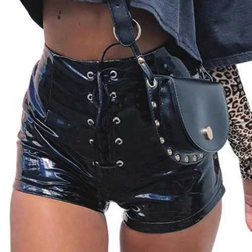 Back to School  Women Solid Color Faux Leather Eyelet Cross Bandage High Waist Slim Shorts