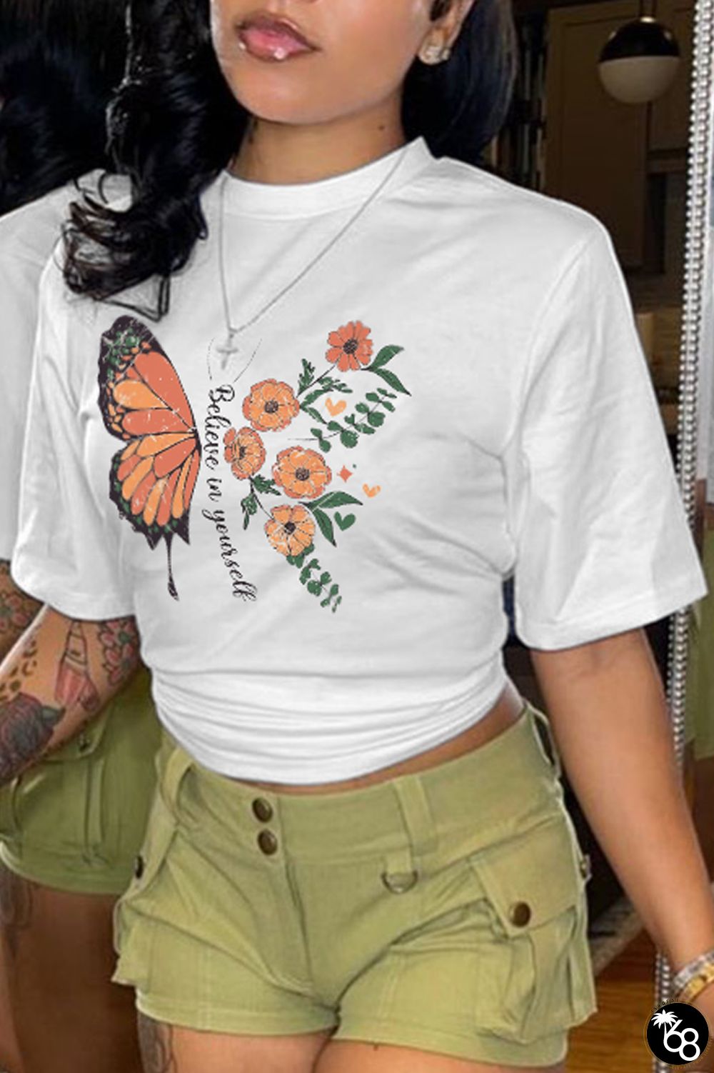 White Street Daily Butterfly Print Patchwork O Neck T-Shirts | 168DEAL