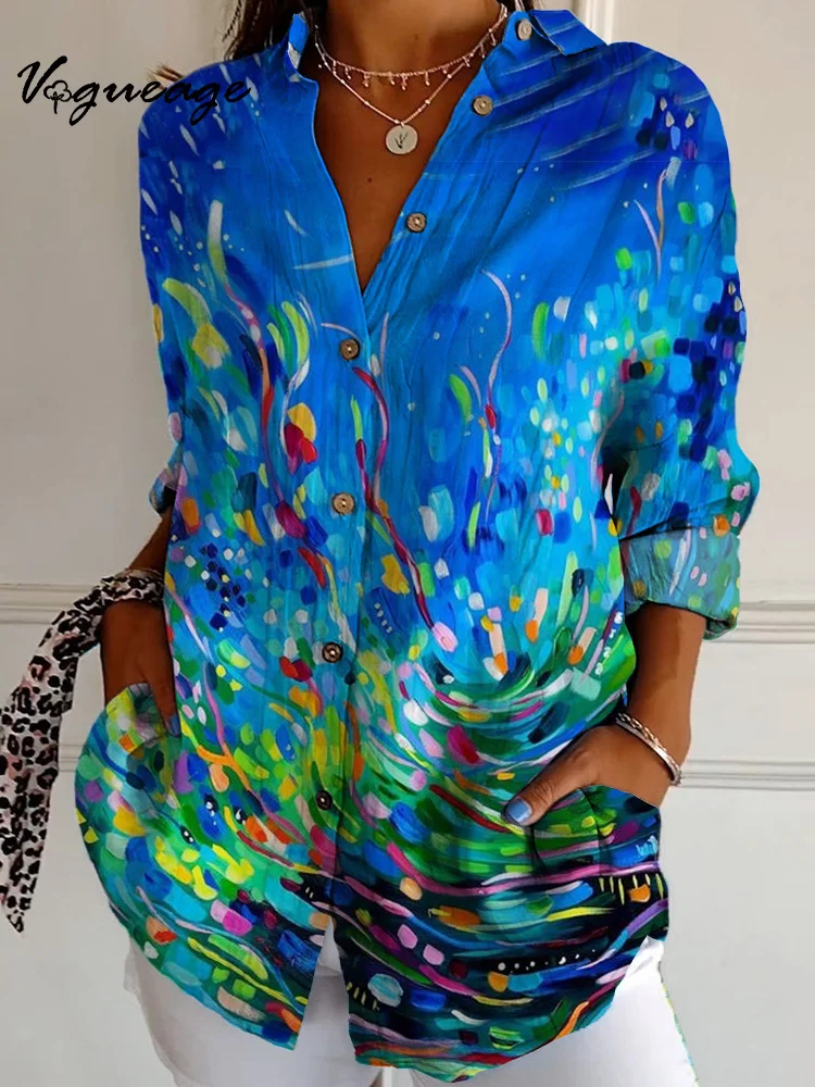 Dark Watercolor Lines Spots Long Sleeves Printed Cotton And Linen Shirt