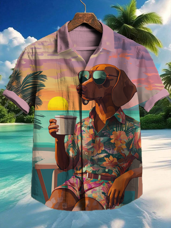 Men's Dachshund Sunset Landscape Art Print Short Sleeve Shirt