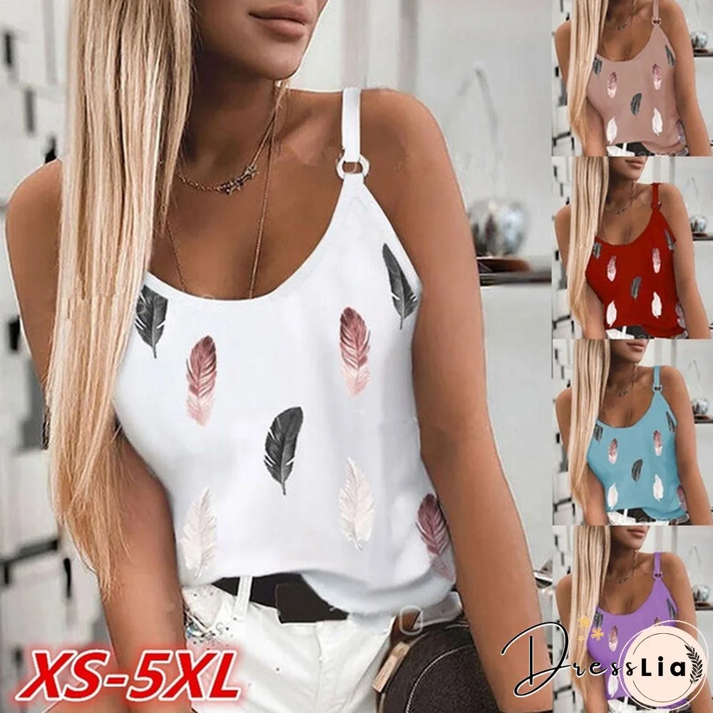 XS-5XL Plus Size Fashion Women Summer Casual Feather Print Sleeveless Tank Tops