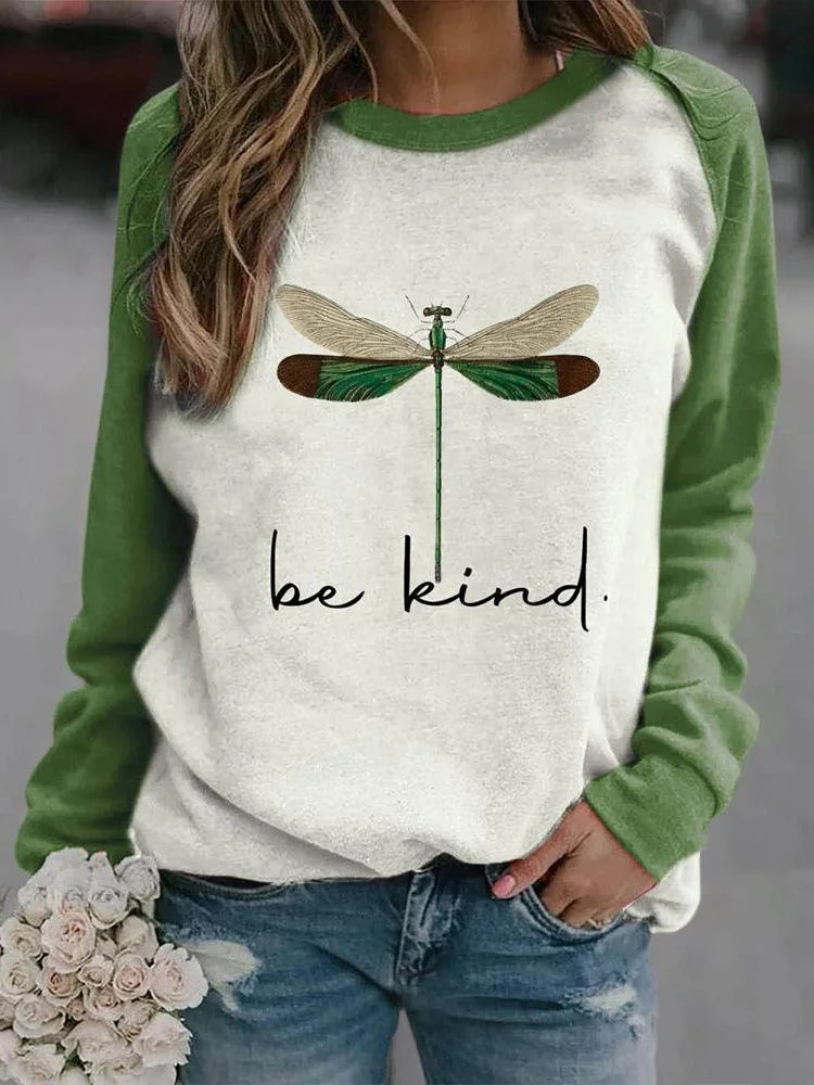 BE KIND Dragonfly Print Round Neck Raglan Long Sleeve Sweatshirt-Mayoulove