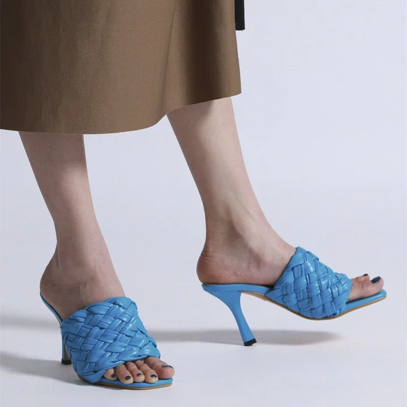 2021 INS style Soft leather Weave Women Slippers Elegant Thin High heels Square toe Mules Slides Casual outside Summer Shoes