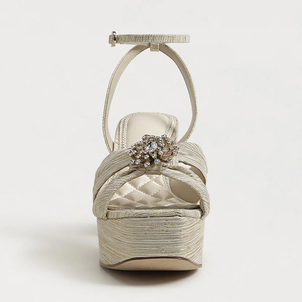 Beige Open Square Toe Rhinestone Floral Ankle Strap Platform Sandals