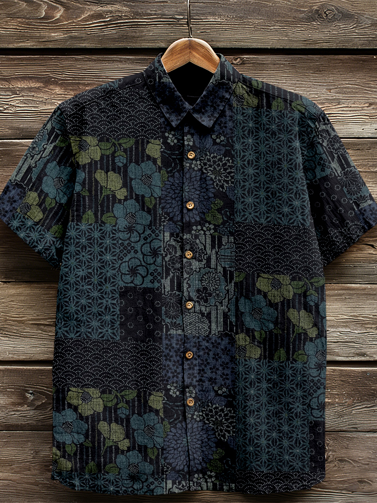 Vintage Patchwork Squares Japanese Patterns Linen Shirt  artssus