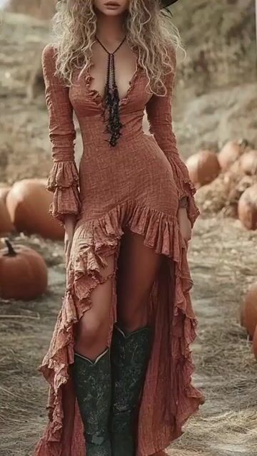 Fashion Brick Red Ruffled Low High Design Patchwork Cotton Dresses Fall Pastoral Style