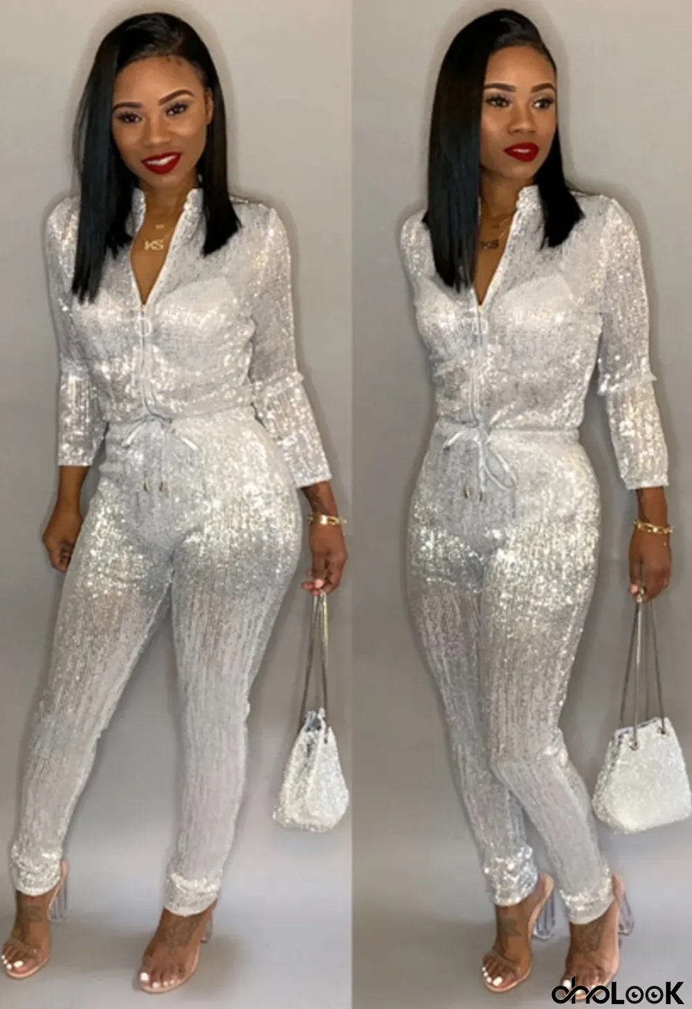 Winter Silver Sequined Zip Up Long Sleeve Formal Jumpsuit