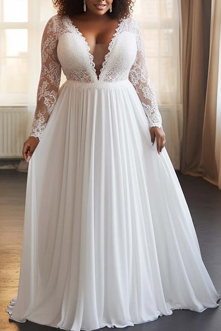 Xpluswear Design Plus Size Wedding White V Neck Long Sleeve See Through Contrast Lace Chiffon Maxi Dresses [Pre-Order]