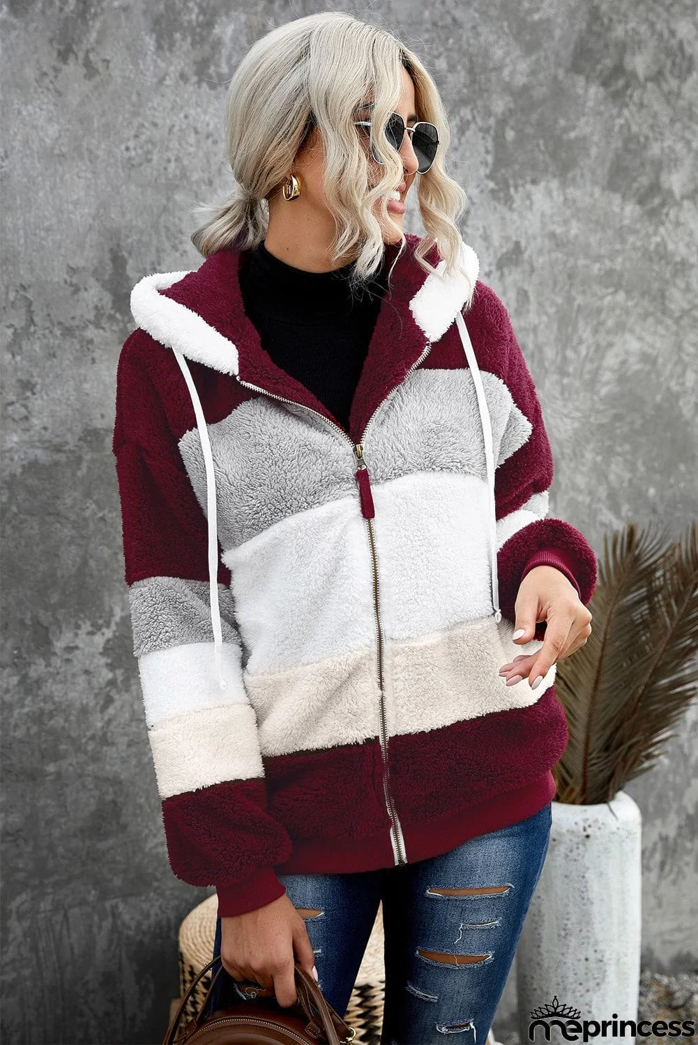 Colorblock Zip Up Sherpa Coat with Hooded
