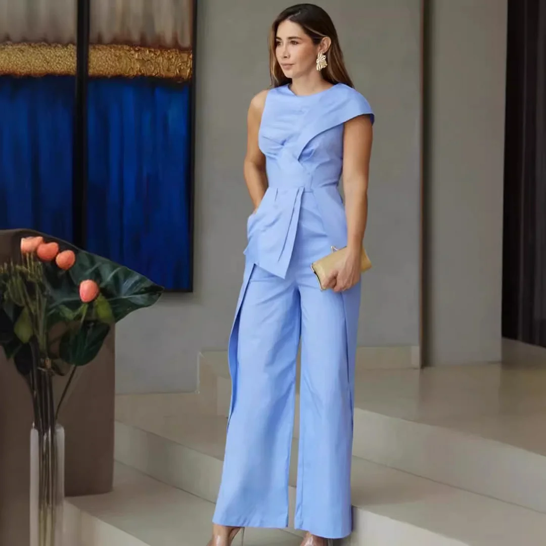 Ueong Ueong Summer New Round Collar Solid Color Irregular Sleeveless High Waist Casual One-Piece Pants
