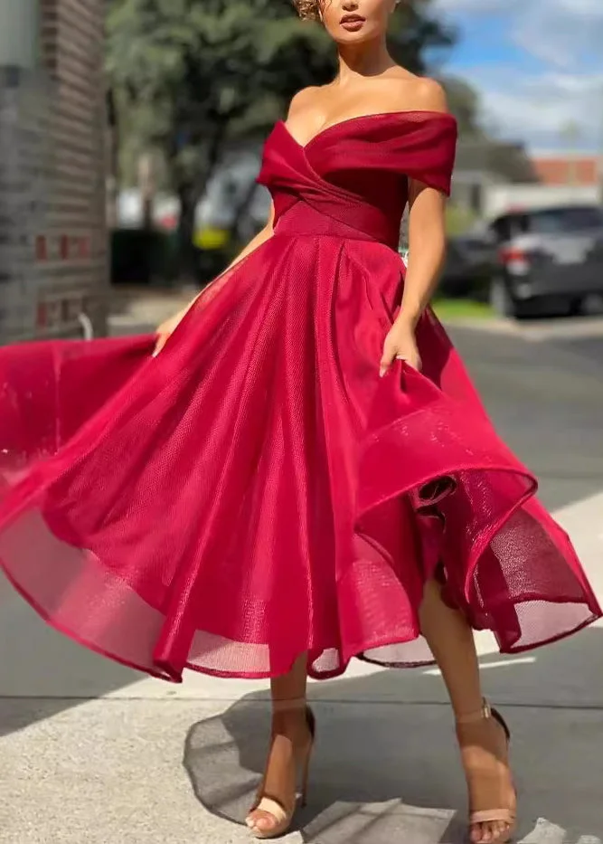 Style Red Cold Shoulder Patchwork Tulle Long Dresses Summer