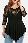 Plus Size Flower Lace Solid Color Irregular Perspective Crew Neck Top