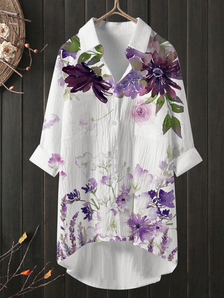 Temperament Watercolor Flowers Cotton And Linen Shirt Loose Shirt Top