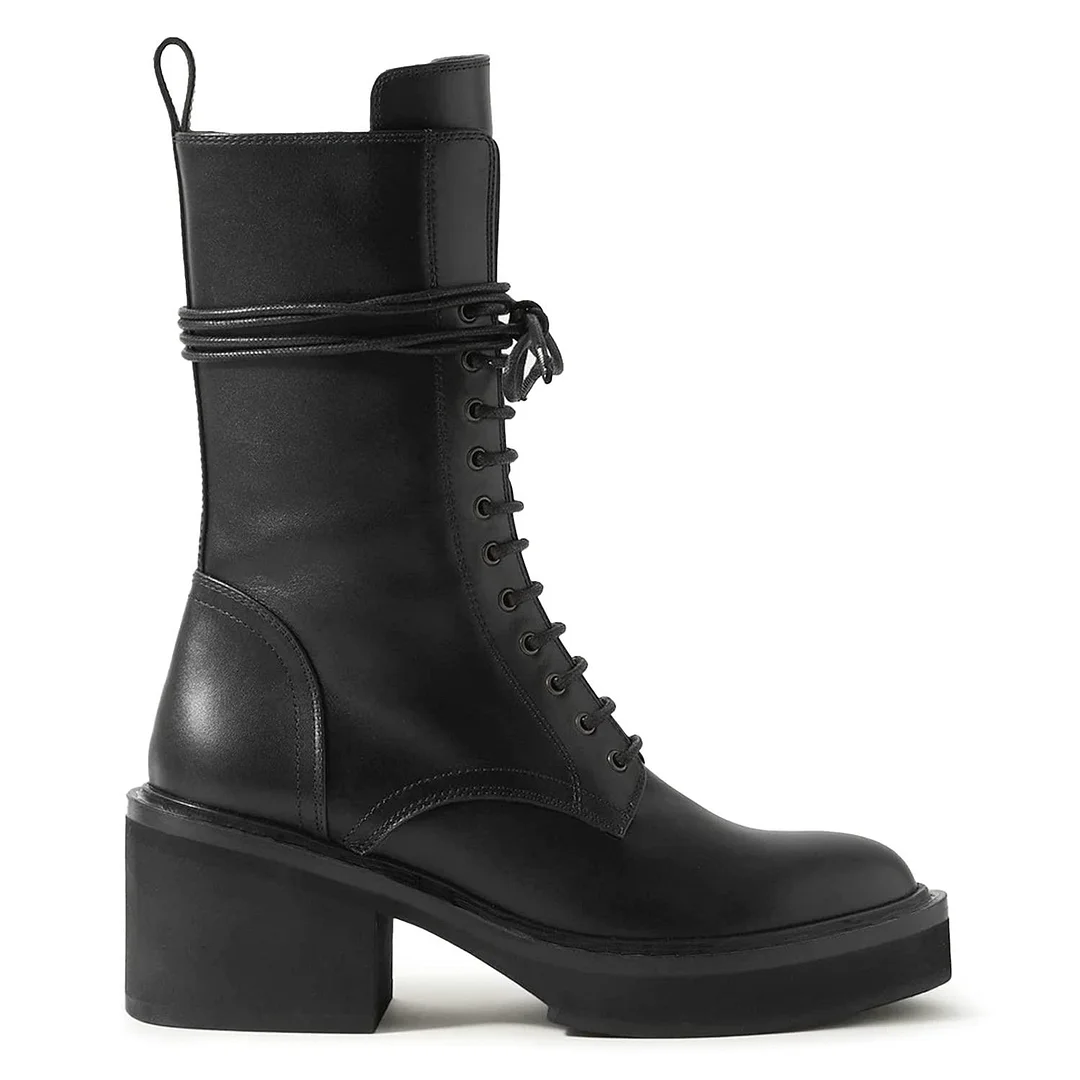 Genuine Leather Almond Toe Calf Boots Lace Up Chunky Heel Combat Boots Nicepairs