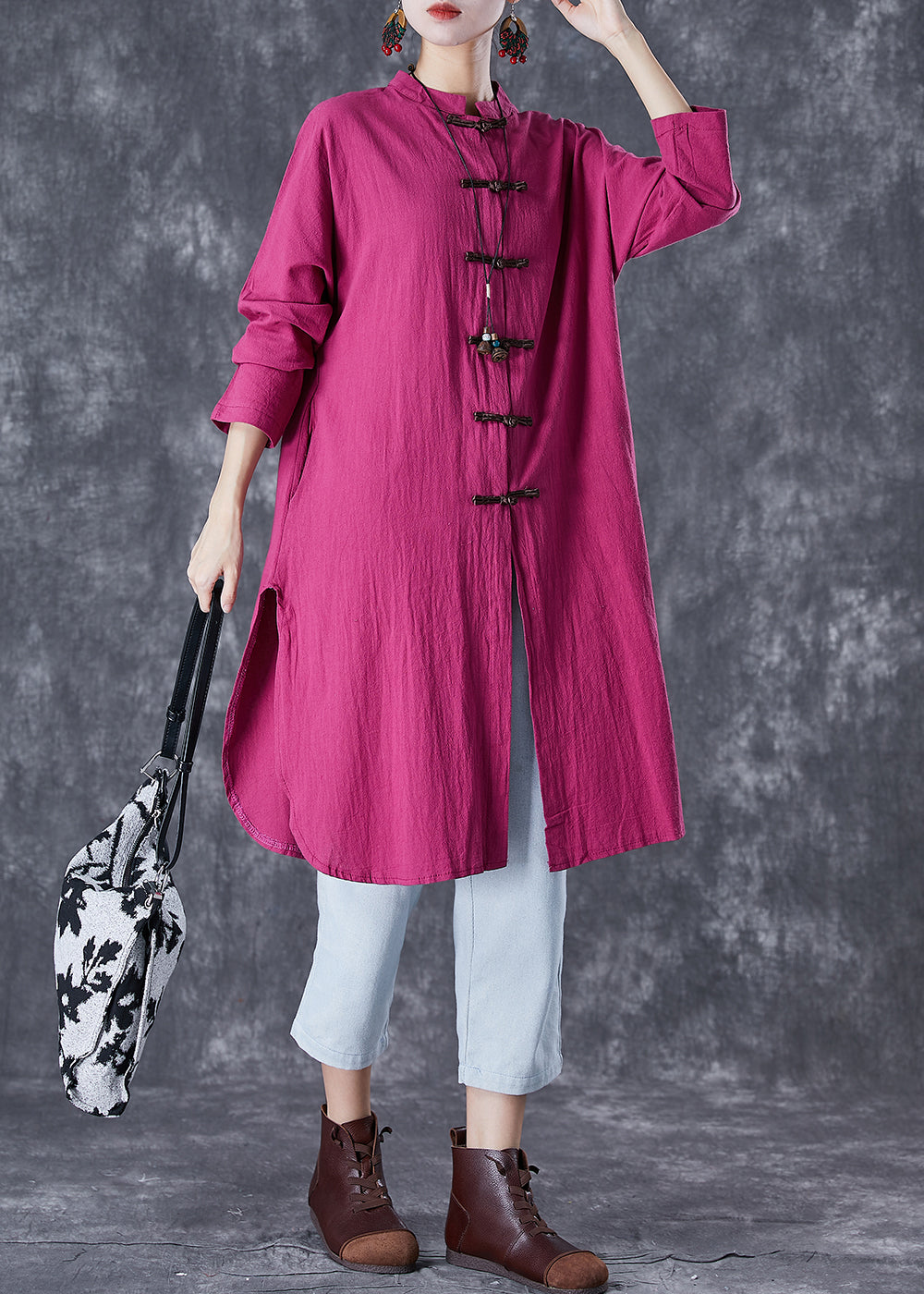 VCSHOES Rose Chinese Button Side Open Linen Long Shirts Fall