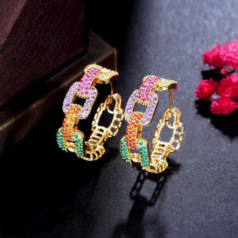 1 Pair Casual Vintage Style Round Rainbow Plating Inlay Copper Zircon Hoop Earrings