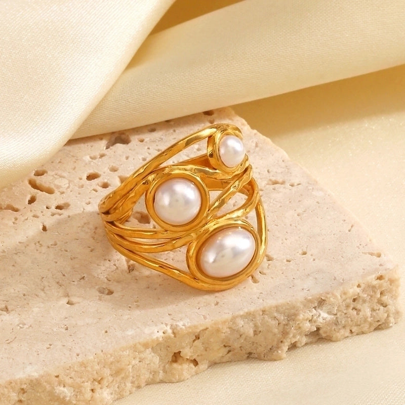 Vintage Style Lines 304 Stainless Steel Artificial Pearls 18K Gold Plated Plating Stainless Steel Rings