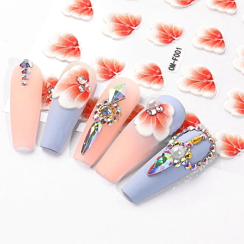 Nail Stickers Embossed 5D Flowers With Pearls Rhinestones Back Glue Nail Decals Decoration Tips For Beauty Salons-Nail Inspo