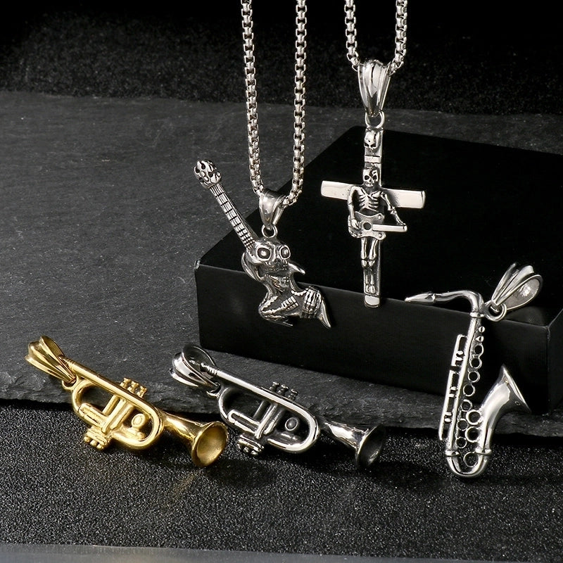 1 Piece 304 Stainless Steel 18K Gold Plated Musical Instrument Skull Pendant