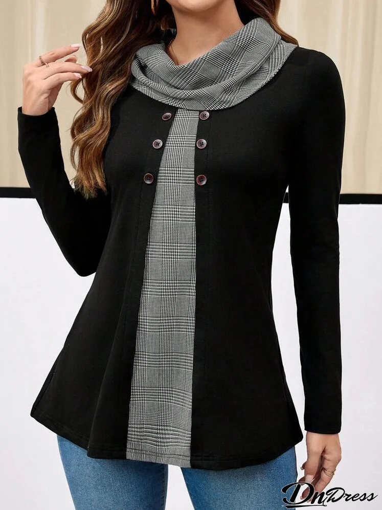 Women's Autumn Patchwork Plaid Turtleneck Long Sleeve Button Design Casual T-Shirt
