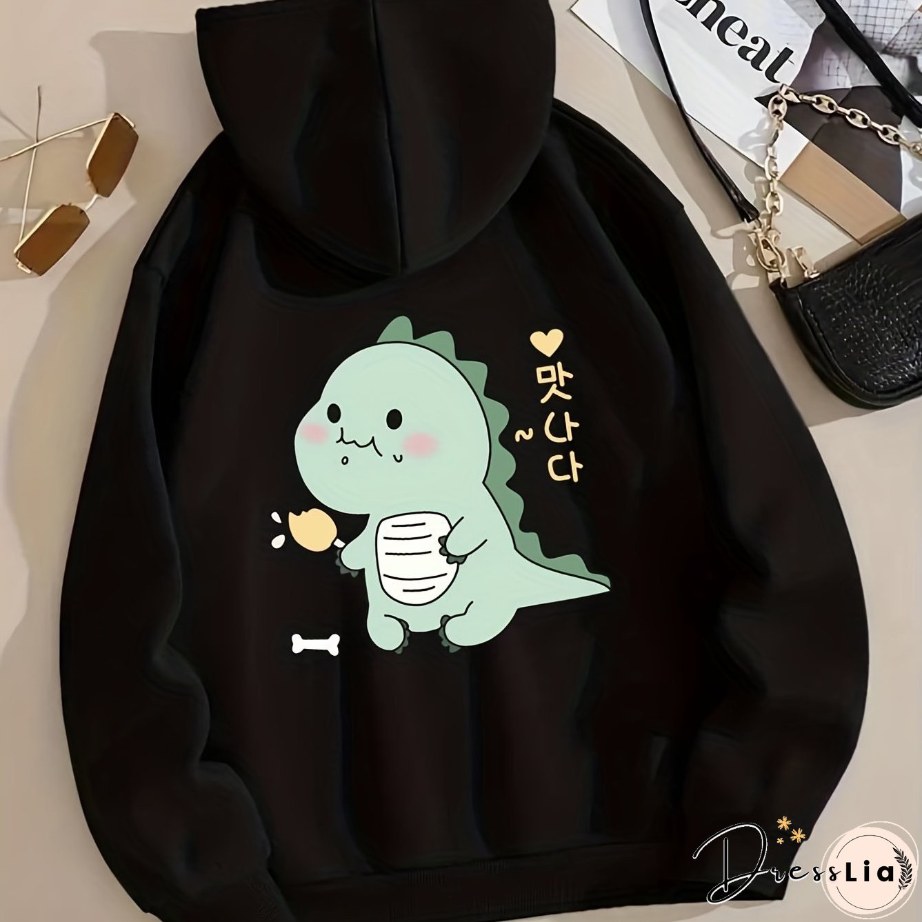 Cartoon Dinosaur Graphic Long Sleeve Fleece Hooded Sweatshirts Print Drawstring Sports