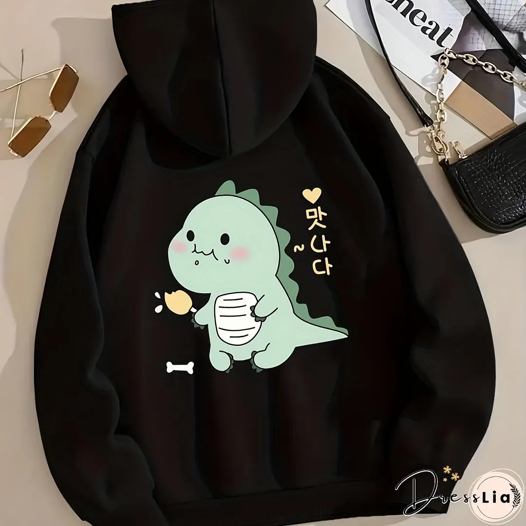 Cartoon Dinosaur Graphic Long Sleeve Fleece Hooded Sweatshirts Print Drawstring Sports