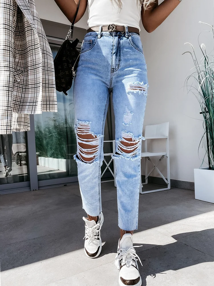 Women's Straight Ripped Denim Pants Jeans