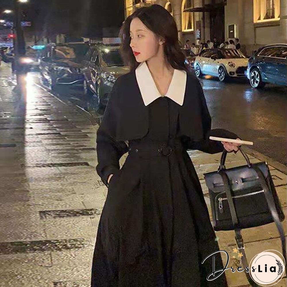 Spring Autumn Elegant Black Dress Women Loose Casual Midi Korean Fashion Lady Trench